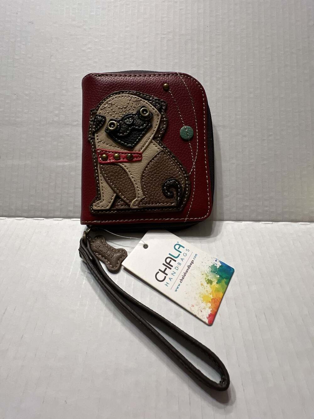 Chala Handbags Pug Zip-Around Wallet Burgundy Wristlet NEW